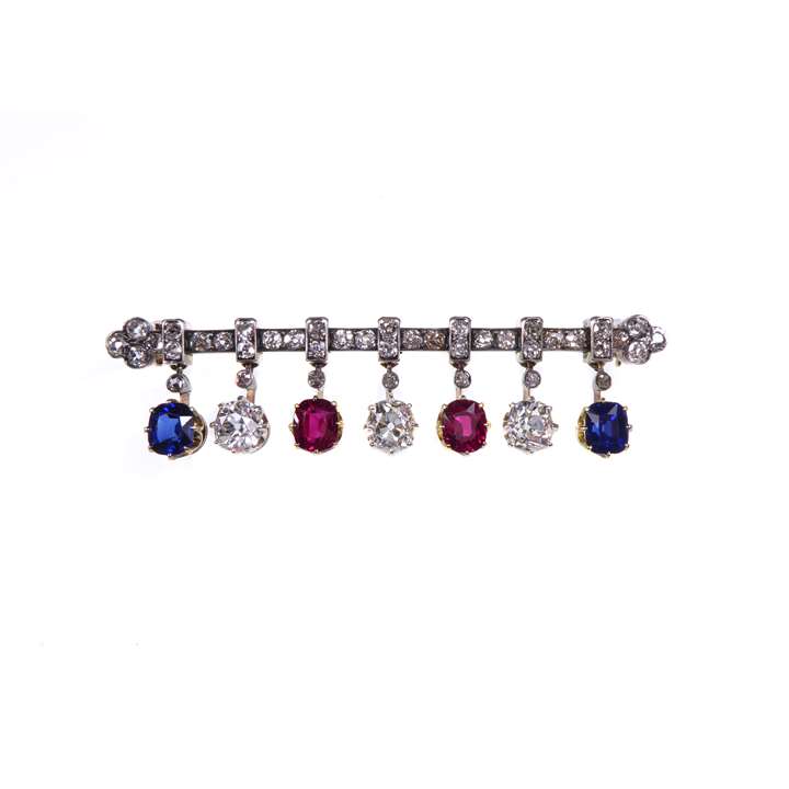 Diamond, ruby and sapphire fringe bar brooch